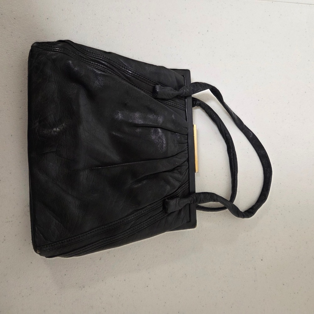 Vintage Black Leather Ruched Frame Handbag Gold Tone Clasp Retro Evening Bag